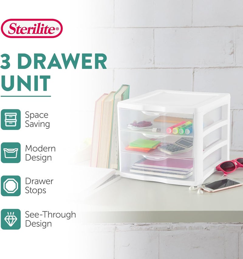 Sterilite 4-Pack 3 Drawer Unit, Plastic Desktop Organizer with Clear Drawers, White Frame - Stackable Multi-Purpose Storage for Office Supplies, Craft Rooms, Classrooms and Home Organization - Image 4