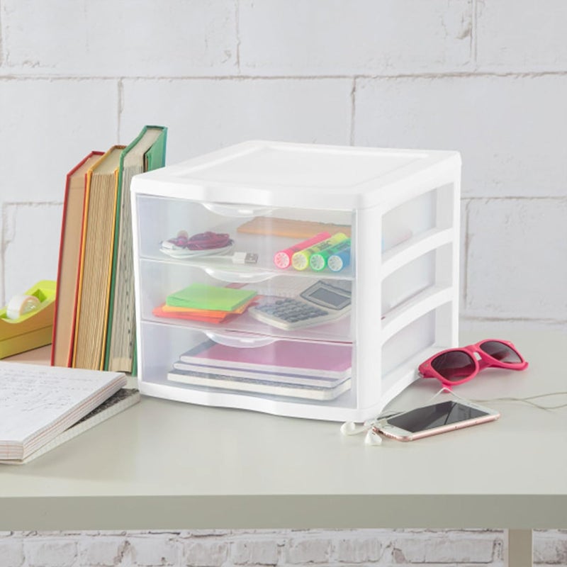 Sterilite 4-Pack 3 Drawer Unit, Plastic Desktop Organizer with Clear Drawers, White Frame - Stackable Multi-Purpose Storage for Office Supplies, Craft Rooms, Classrooms and Home Organization - Image 2