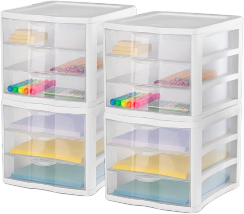 Sterilite 4-Pack 3 Drawer Unit, Plastic Desktop Organizer with Clear Drawers, White Frame - Stackable Multi-Purpose Storage for Office Supplies, Craft Rooms, Classrooms and Home Organization - Image 5