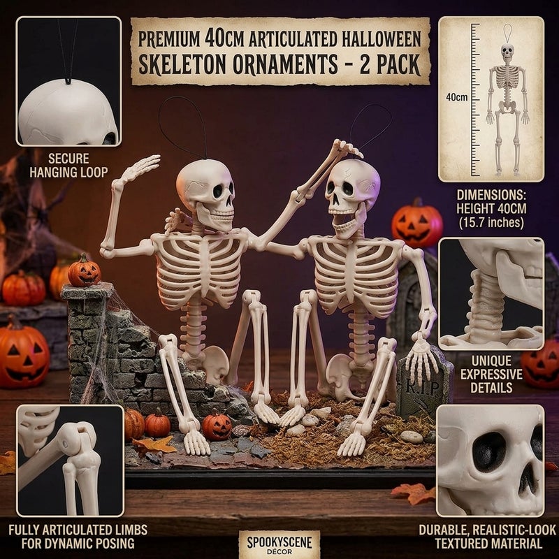 2PCS Halloween Hanging Skeleton Human Skeleton Prop Movable Joints Realistic Simulation Decoration for Party Haunted House Home Decor - Image 3