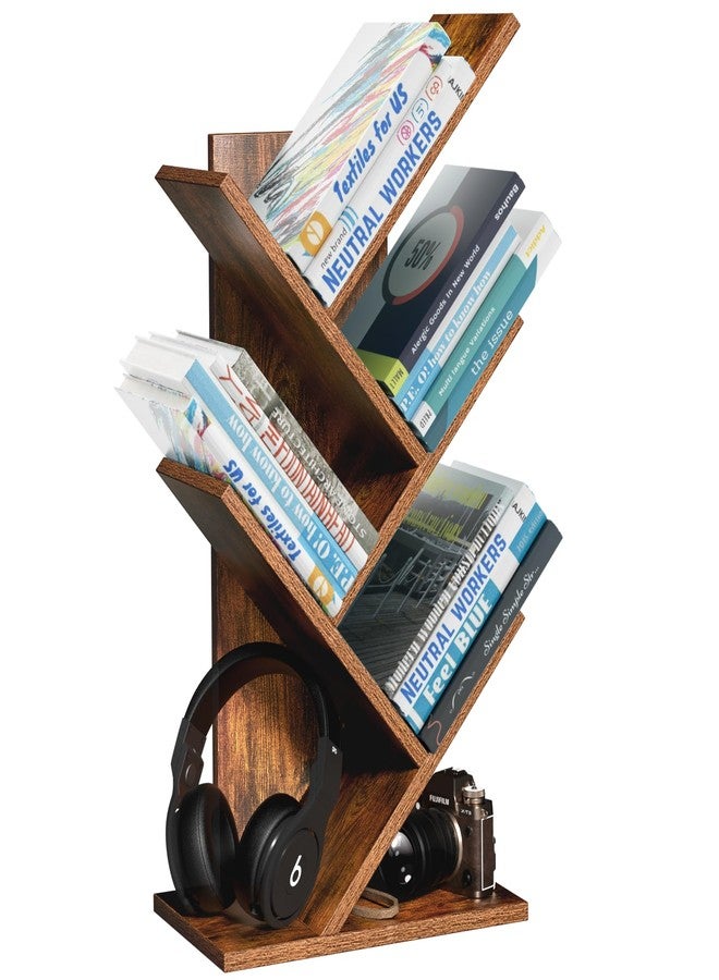 SHEEPAM 5 Tier Tree Book Shelf, Small Desktop Bookshelf with Storage Organizer, Wood Bookcase, Desk Display Bookshelves, Floor Standing Organizer Bookcases for Living Room,Bedroom,Office-Brown - Image 1