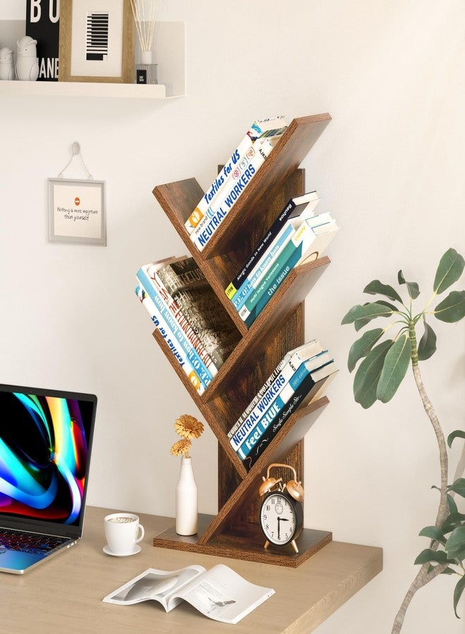 SHEEPAM 5 Tier Tree Book Shelf, Small Desktop Bookshelf with Storage Organizer, Wood Bookcase, Desk Display Bookshelves, Floor Standing Organizer Bookcases for Living Room,Bedroom,Office-Brown - Image 4