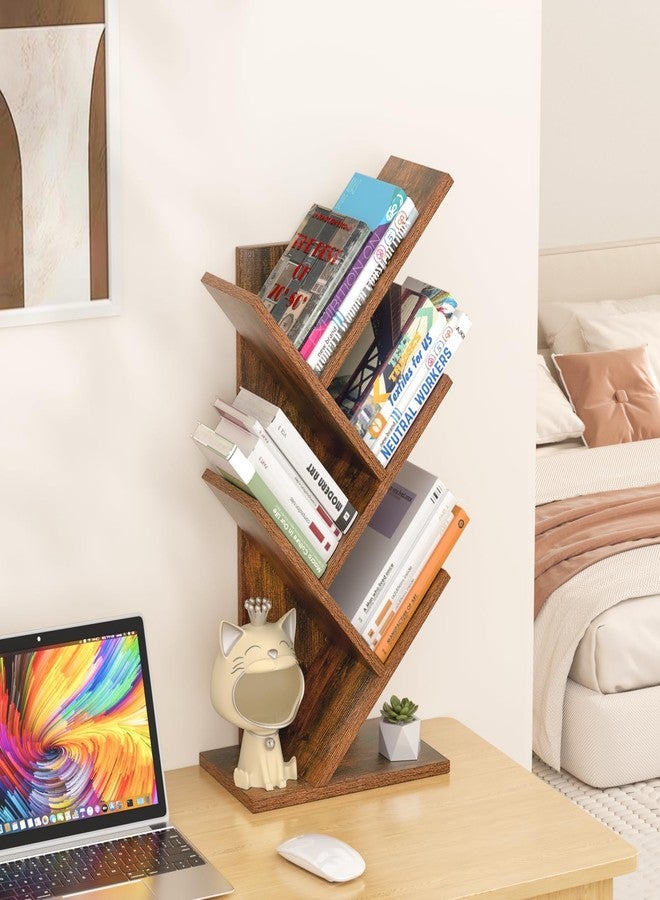 SHEEPAM 5 Tier Tree Book Shelf, Small Desktop Bookshelf with Storage Organizer, Wood Bookcase, Desk Display Bookshelves, Floor Standing Organizer Bookcases for Living Room,Bedroom,Office-Brown - Image 2