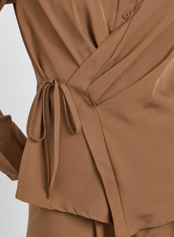 Styli Brown Asymmetric Wrap Shirt and Pants Co-Ords - Image 4