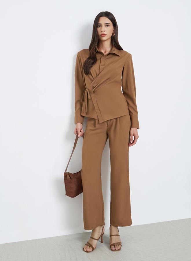 Styli Brown Asymmetric Wrap Shirt and Pants Co-Ords - Image 2