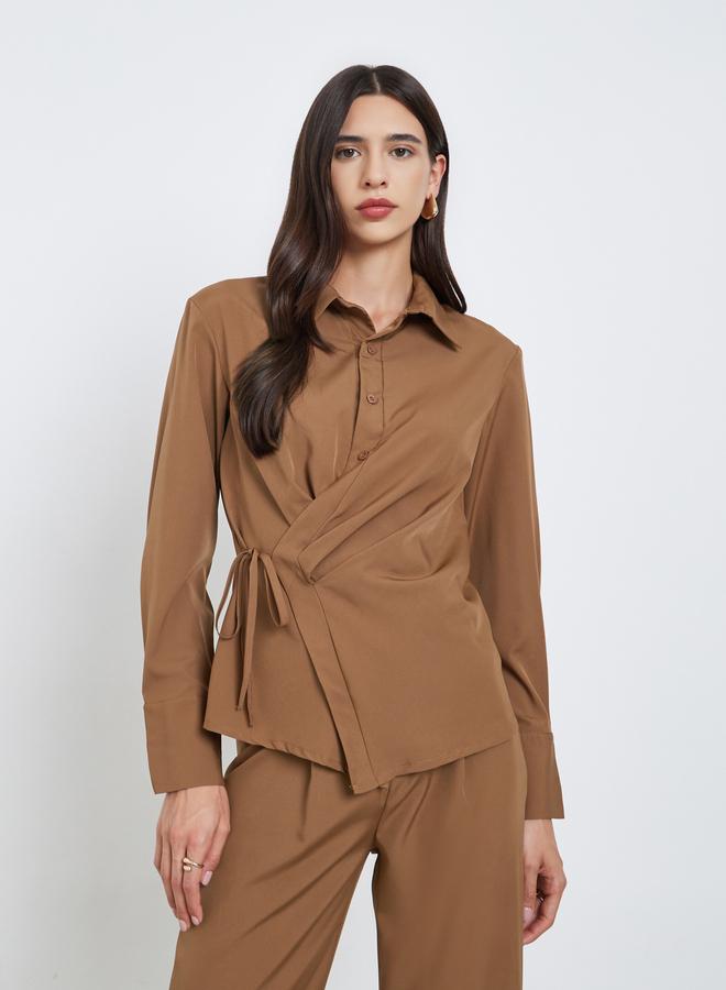 Styli Brown Asymmetric Wrap Shirt and Pants Co-Ords - Image 3