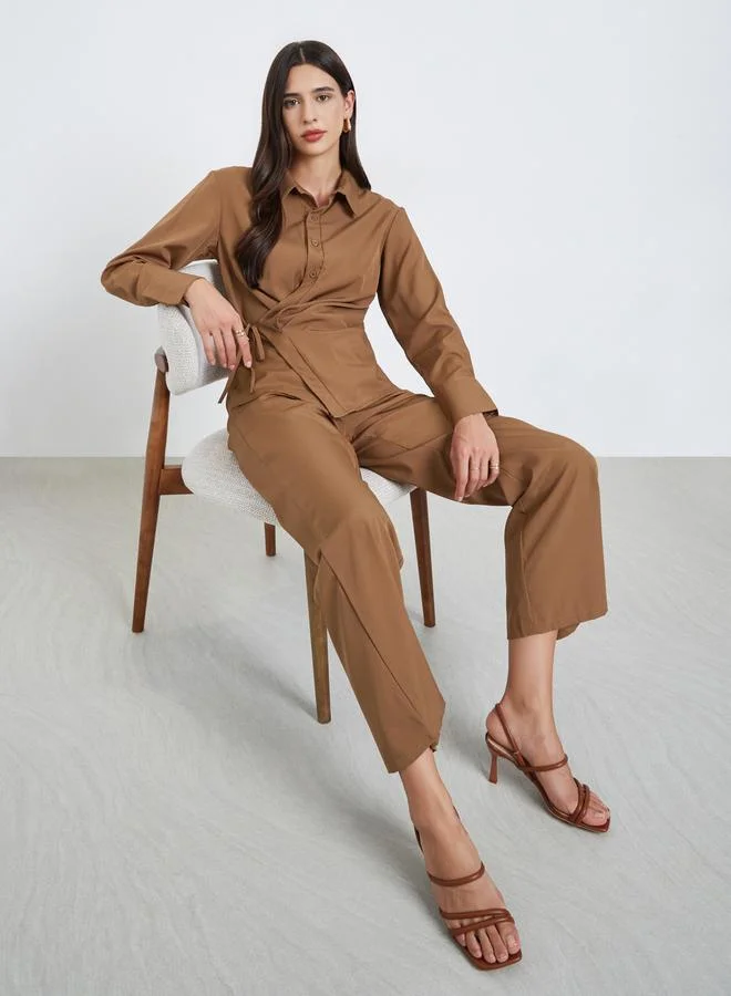 Styli Brown Asymmetric Wrap Shirt and Pants Co-Ords