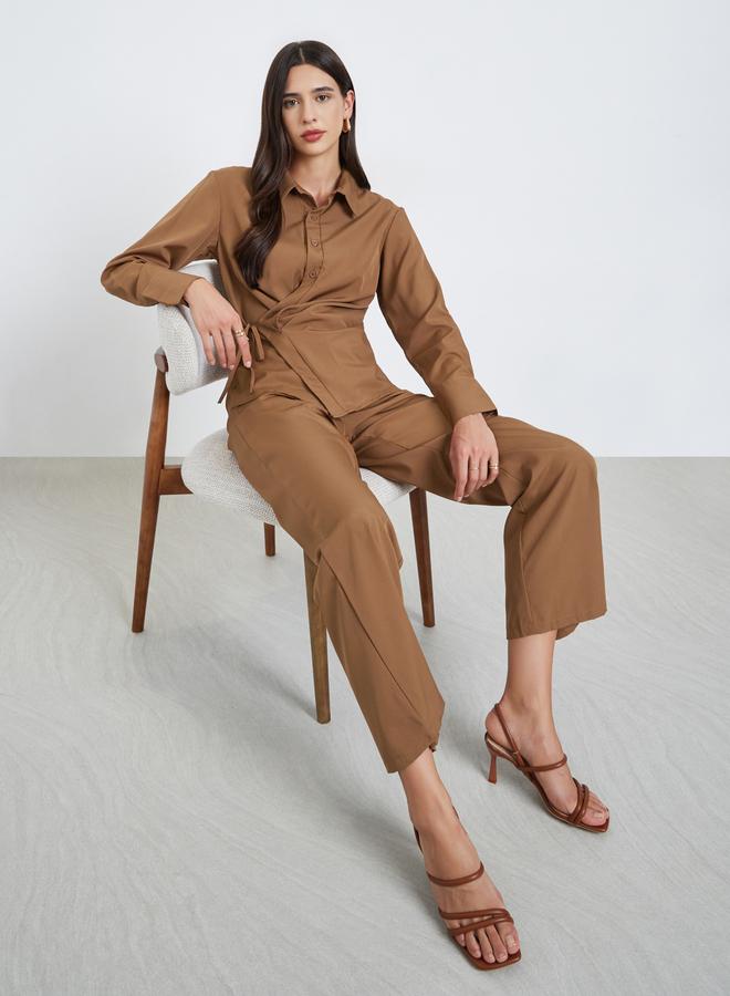 Styli Brown Asymmetric Wrap Shirt and Pants Co-Ords - Image 1
