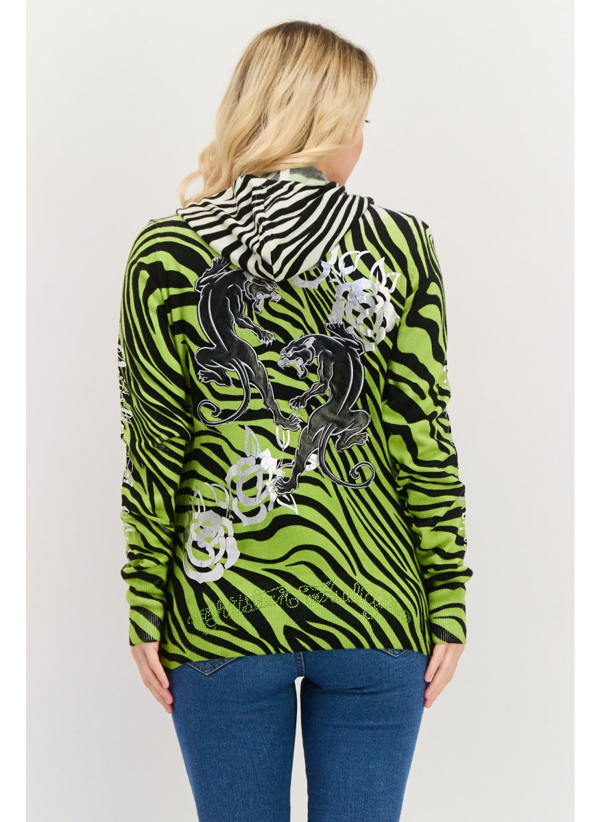 CHRISTIAN AUDIGIER Women Hooded Zebra Print Cardigan, Green Combo  - Image 3