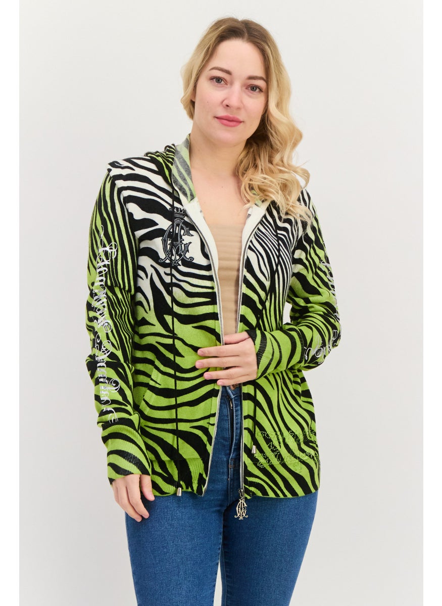 CHRISTIAN AUDIGIER Women Hooded Zebra Print Cardigan, Green Combo  - Image 1