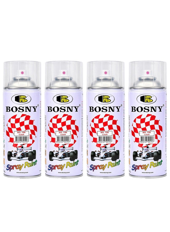 بوسني طقم من 4 عبوات بخاخ طلاء شفاف من Bosny – بلمسة نهائية لامعة وشفافة، سريع الجفاف، طلاء متعدد الأغراض للمعادن والخشب والبلاستيك، مثالي لترميم السيارات وطبقة حماية علوية – سعة 400 مل - Image 1