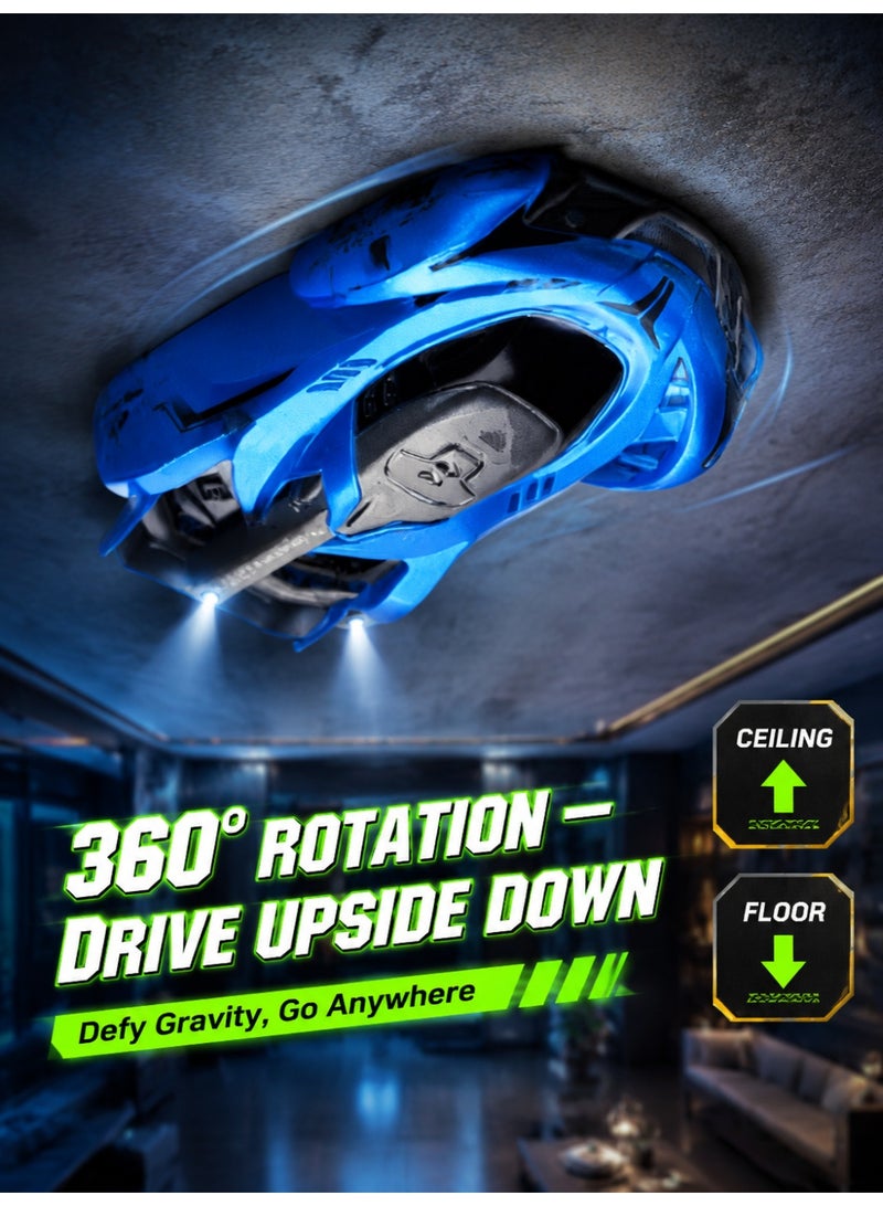 Joudiplay Programmable remote-controlled wall-climbing racing car toy, 360-degree rotating remote-controlled stunt car, multi-functional remote-controlled car, three driving modes: floor, ceiling and wall; children’s UV-coated metallic paint racing car – blue - Image 3