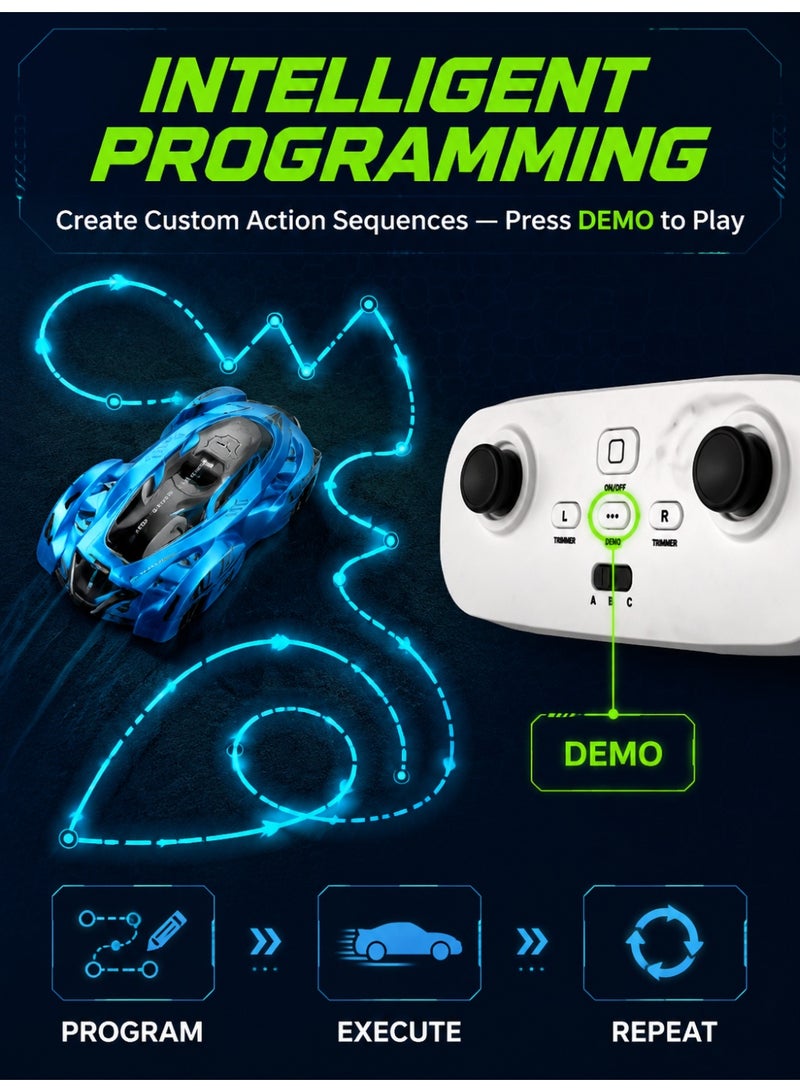 Joudiplay Programmable remote-controlled wall-climbing racing car toy, 360-degree rotating remote-controlled stunt car, multi-functional remote-controlled car, three driving modes: floor, ceiling and wall; children’s UV-coated metallic paint racing car – blue - Image 4