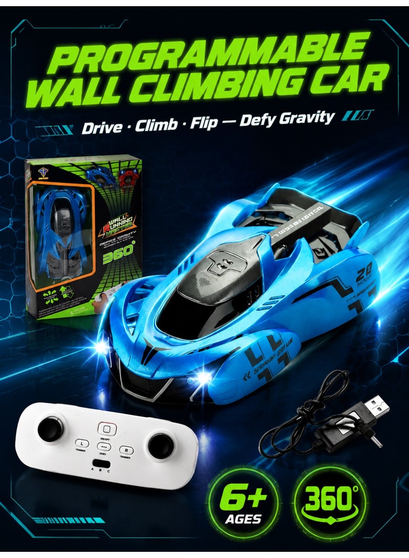 Joudiplay Programmable remote-controlled wall-climbing racing car toy, 360-degree rotating remote-controlled stunt car, multi-functional remote-controlled car, three driving modes: floor, ceiling and wall; children’s UV-coated metallic paint racing car – blue - Image 1