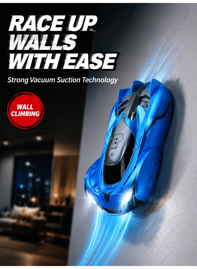 Joudiplay Programmable remote-controlled wall-climbing racing car toy, 360-degree rotating remote-controlled stunt car, multi-functional remote-controlled car, three driving modes: floor, ceiling and wall; children’s UV-coated metallic paint racing car – blue - Image 2