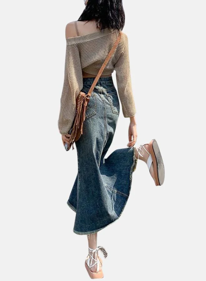 YUNIQEE Blue Denim A-Line Midi Denim Skirt