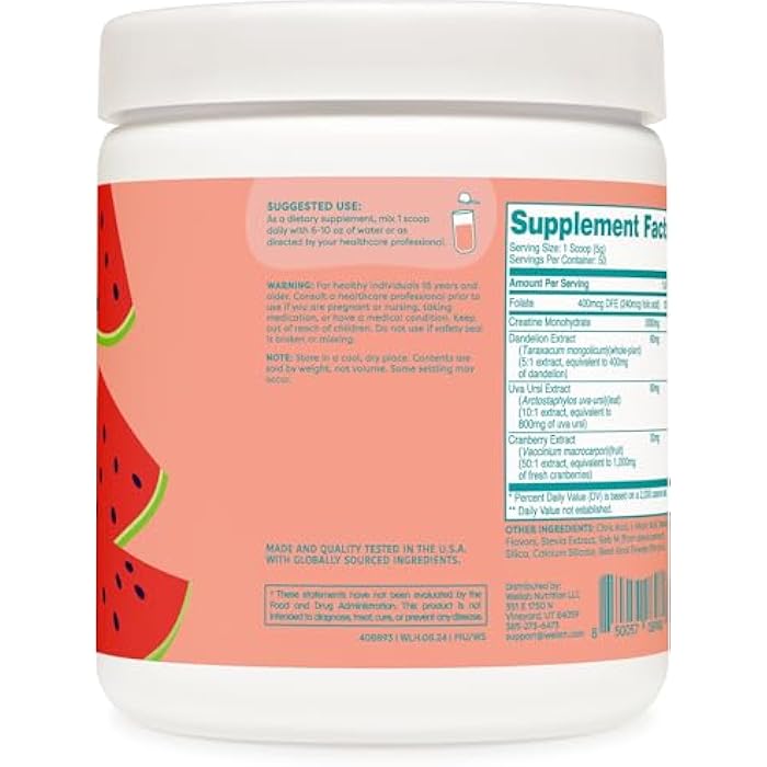 Wellah Creatine for Women - Creatine Monohydrate with Dandelion & Cranberry Extract (50 Servings, Watermelon Slush) - Image 3