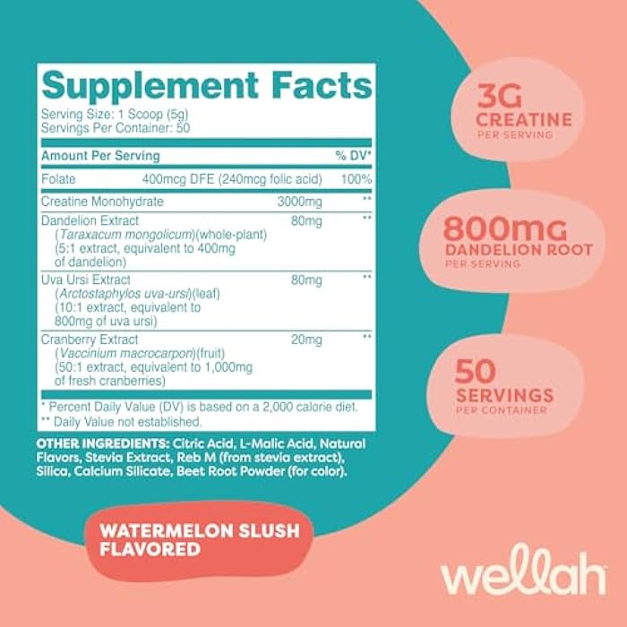 Wellah Creatine for Women - Creatine Monohydrate with Dandelion & Cranberry Extract (50 Servings, Watermelon Slush) - Image 2