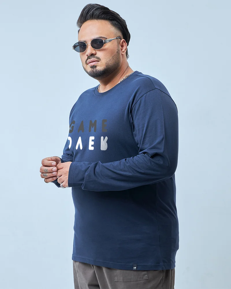 bewakoof Men's Navy Blue Game Over Minimal Typography Plus Size T-shirt