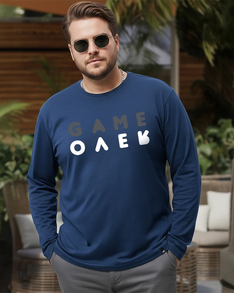 bewakoof Men's Navy Blue Game Over Minimal Typography Plus Size T-shirt
