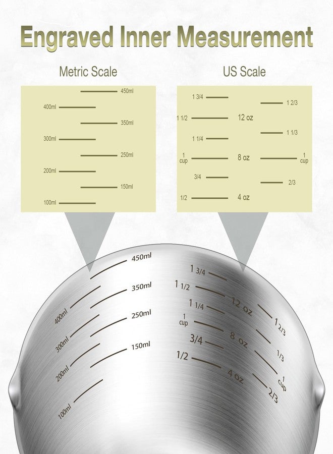 BERYLER طقم أكواب قياس من الفولاذ المقاوم للصدأ من BERYLER، قطعتان، يتضمن كوبين (480 مل، 16 أونصة) وكوبًا واحدًا (240 مل، 8 أونصة)، مغرفة قياس داخلية محفورة، قياسات مترية وأمريكية، آمن للغسل في غسالة الأطباق - Image 2