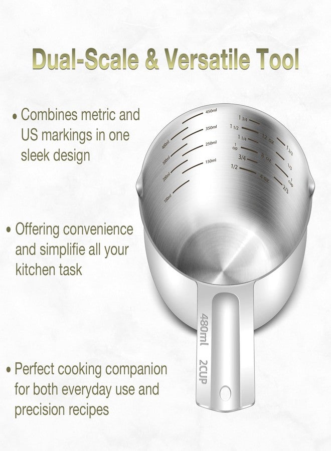 BERYLER طقم أكواب قياس من الفولاذ المقاوم للصدأ من BERYLER، قطعتان، يتضمن كوبين (480 مل، 16 أونصة) وكوبًا واحدًا (240 مل، 8 أونصة)، مغرفة قياس داخلية محفورة، قياسات مترية وأمريكية، آمن للغسل في غسالة الأطباق - Image 4