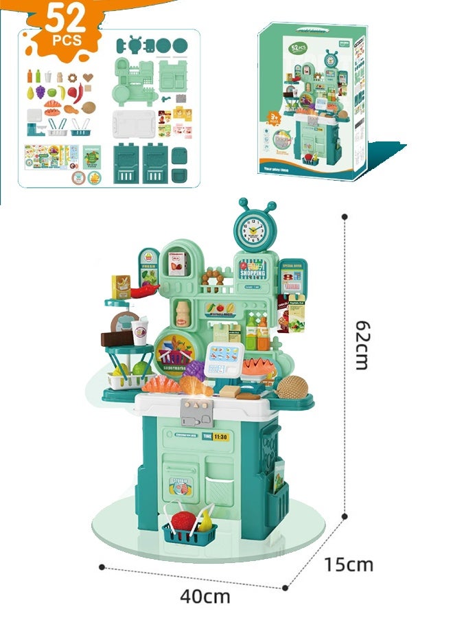 52pcs Supermarket Shop Grocery Pretend Toy,Home Pretend Supermarket Accessories and Toy Stand Role Playing Set Toys for Children,Pretend game toys, realistic 3 types of music multifunctional children's toy table, tool table set 3, 4, 5, 6, male and female children's toy game supermarket table - Image 2