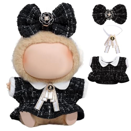 CHICHO 17cm Doll Clothes for labubu - Luxury Chic Style Set for 17cm Dolls, Premium Doll Outfit with Accessories - Black Plaid Tweed Dress + White Necktie + Plaid Bow (Clothes Only) - Image 1