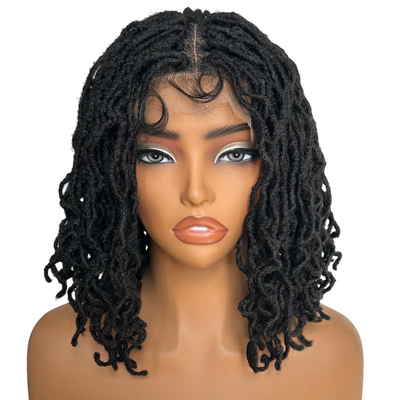 SOKU Short Curly Faux Locs Lace Frontal Wig 12 Inch Natural Black 4x4 Large Parting Space Twist Dreadlock Wigs for Black Women Afro Curly Braided Synthetic Wig - Image 2