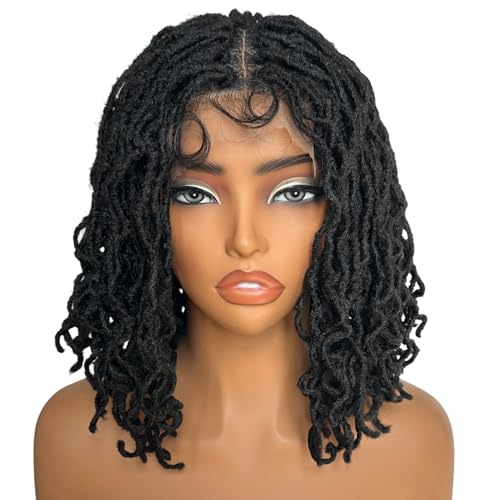 SOKU Short Curly Faux Locs Lace Frontal Wig 12 Inch Natural Black 4x4 Large Parting Space Twist Dreadlock Wigs for Black Women Afro Curly Braided Synthetic Wig - Image 1