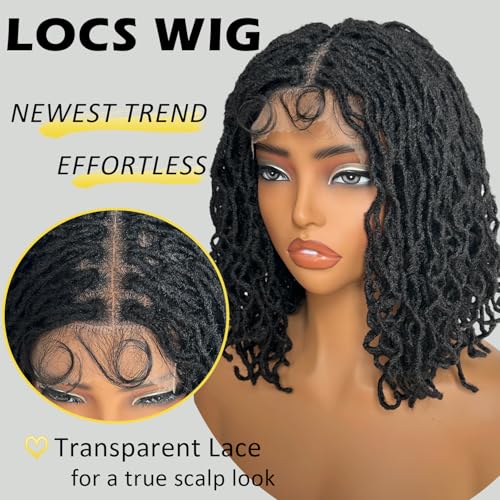 SOKU Short Curly Faux Locs Lace Frontal Wig 12 Inch Natural Black 4x4 Large Parting Space Twist Dreadlock Wigs for Black Women Afro Curly Braided Synthetic Wig - Image 3