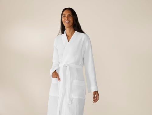 Coyuchi Unisex Organic Waffle Robe, Long Bathrobe, Cotton, Alpine White, (S-M) - Image 2