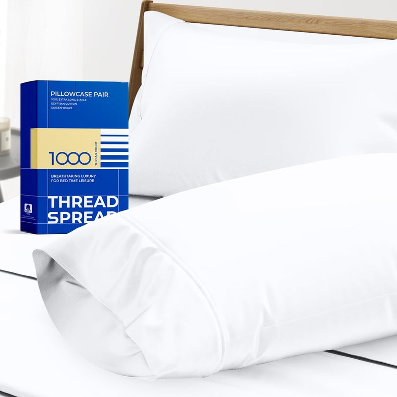 THREAD SPREAD 100 Egyptian Cotton Pillow Cases King  1000 Thread Count White King Pillow Cases Set of 2 Soft Cooling  Breathable Extra Long Staple Sateen Weave Cotton Pillowcases for King Pillows