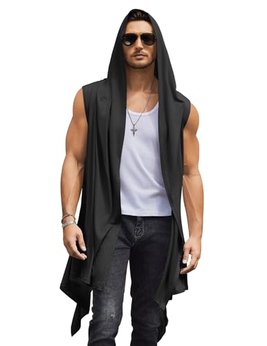 COOFANDY Black Shawl Men Hooded Sleeveless Kimono Robe Long Cardigan Hoodie Ruffle Collar Summer Cardigans Vest - Image 1