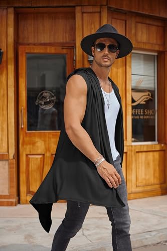 COOFANDY Black Shawl Men Hooded Sleeveless Kimono Robe Long Cardigan Hoodie Ruffle Collar Summer Cardigans Vest - Image 2