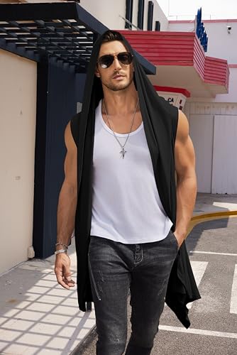 COOFANDY Black Shawl Men Hooded Sleeveless Kimono Robe Long Cardigan Hoodie Ruffle Collar Summer Cardigans Vest - Image 3