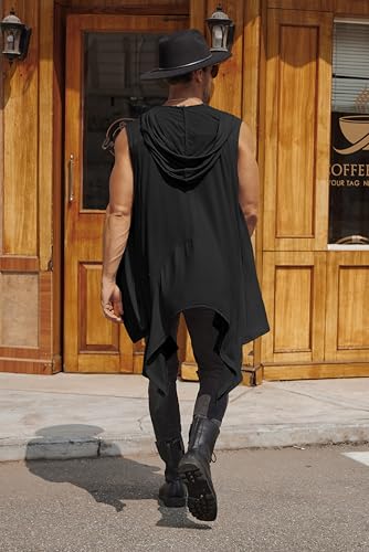 COOFANDY Black Shawl Men Hooded Sleeveless Kimono Robe Long Cardigan Hoodie Ruffle Collar Summer Cardigans Vest - Image 5