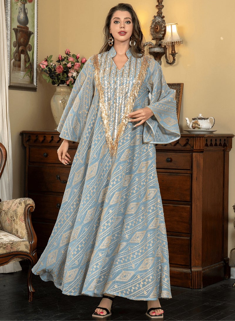 Elegant Embroidered Abaya Jalabiya Dress for Women – Sequin & Fringe V-Neck Kaftan Gown, Perfect for Eid, Weddings, Parties & Special Occasions – A Fusion of Tradition and Modern Style  - Image 1