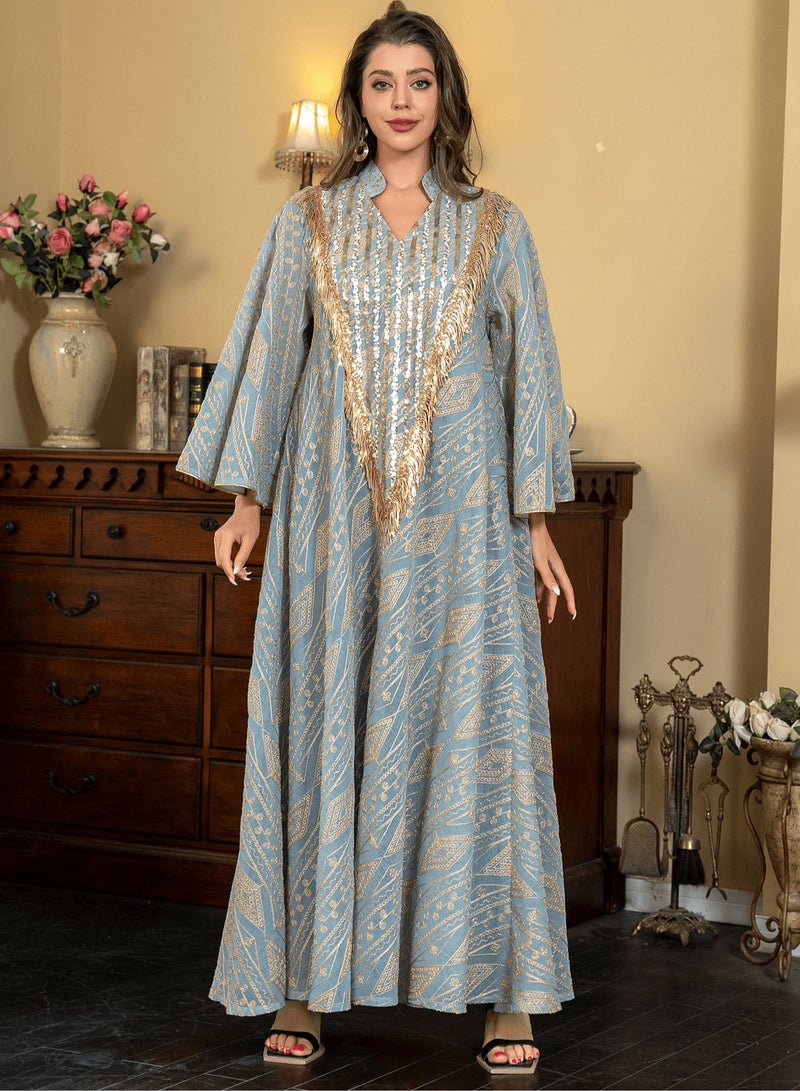 Elegant Embroidered Abaya Jalabiya Dress for Women – Sequin & Fringe V-Neck Kaftan Gown, Perfect for Eid, Weddings, Parties & Special Occasions – A Fusion of Tradition and Modern Style  - Image 2