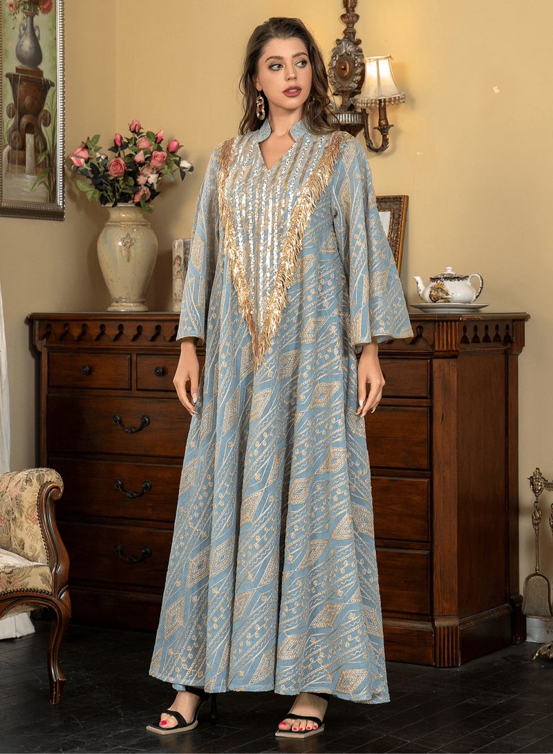 Elegant Embroidered Abaya Jalabiya Dress for Women – Sequin & Fringe V-Neck Kaftan Gown, Perfect for Eid, Weddings, Parties & Special Occasions – A Fusion of Tradition and Modern Style  - Image 3