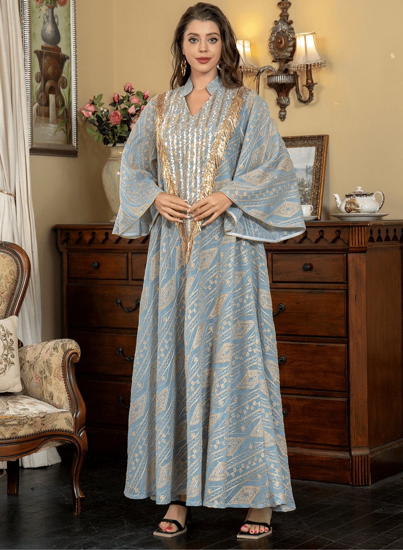 Elegant Embroidered Abaya Jalabiya Dress for Women – Sequin & Fringe V-Neck Kaftan Gown, Perfect for Eid, Weddings, Parties & Special Occasions – A Fusion of Tradition and Modern Style  - Image 4