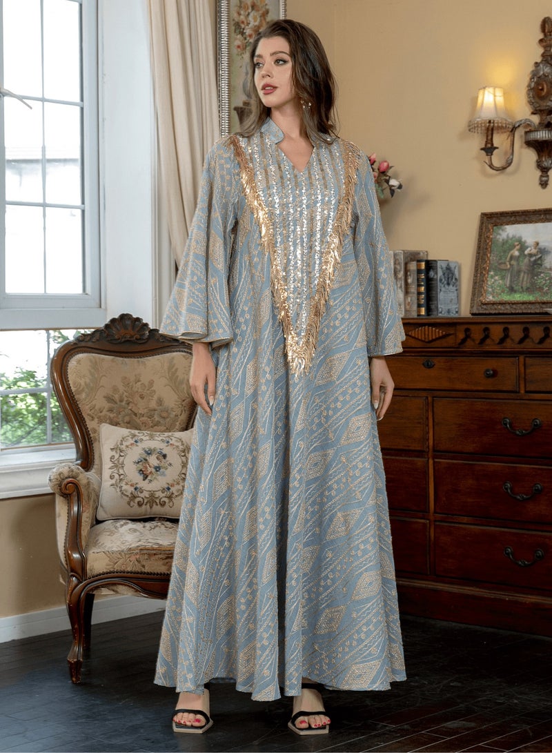 Elegant Embroidered Abaya Jalabiya Dress for Women – Sequin & Fringe V-Neck Kaftan Gown, Perfect for Eid, Weddings, Parties & Special Occasions – A Fusion of Tradition and Modern Style  - Image 5