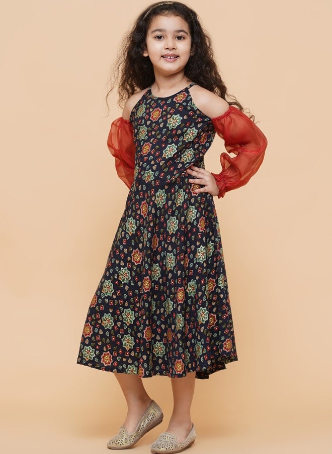 AKS Navy Blue Floral Print Fit & Flare Dress for Girls - Image 4