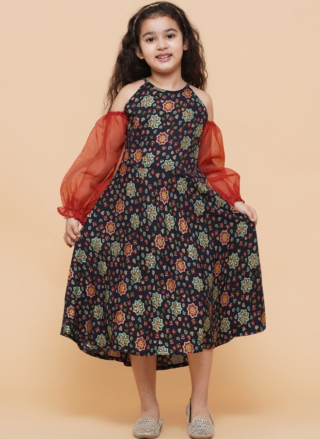AKS Navy Blue Floral Print Fit & Flare Dress for Girls - Image 1