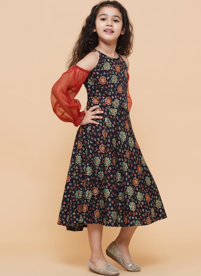 AKS Navy Blue Floral Print Fit & Flare Dress for Girls - Image 3