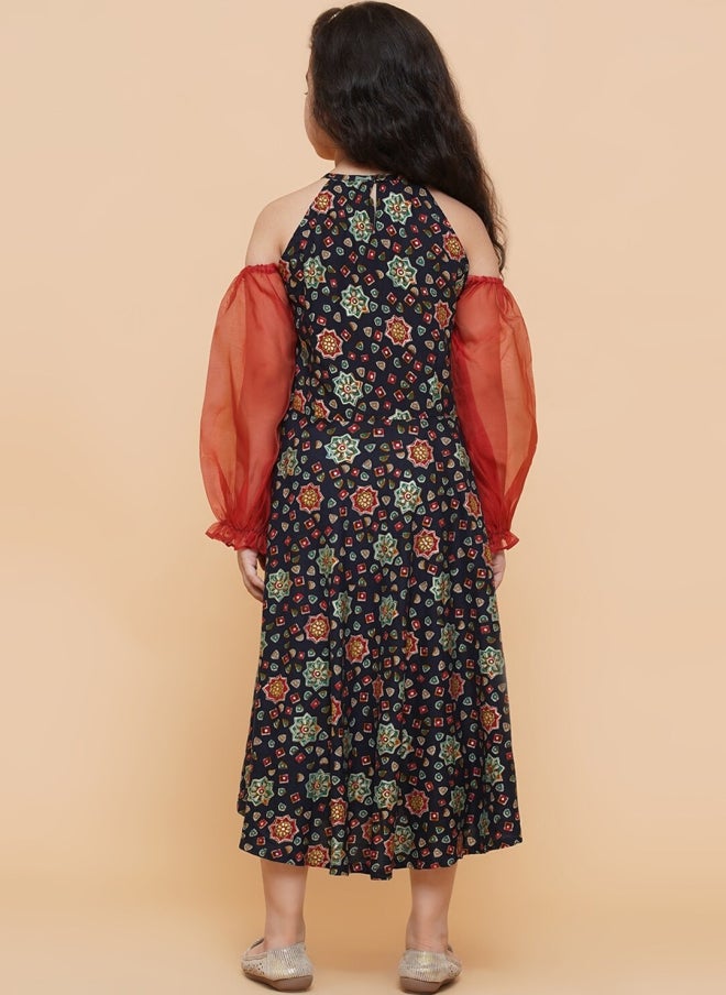 AKS Navy Blue Floral Print Fit & Flare Dress for Girls - Image 5