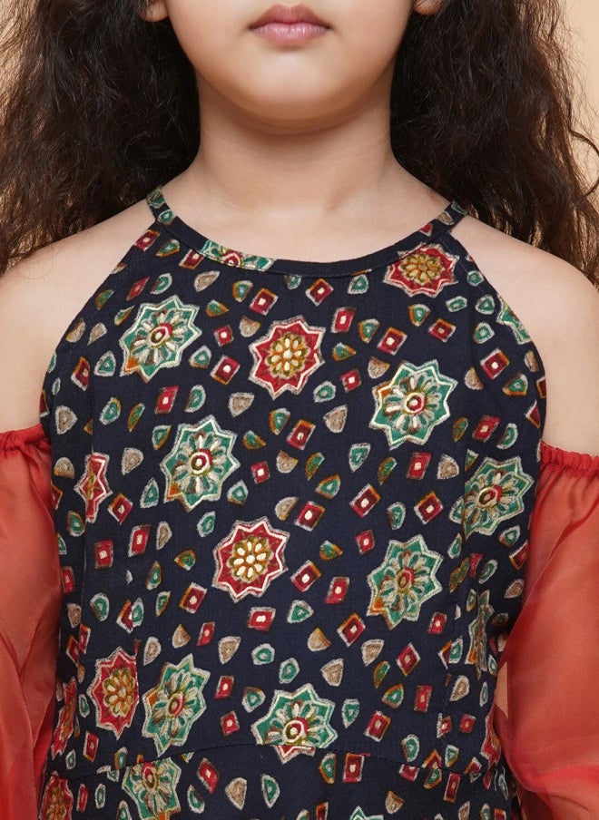 AKS Navy Blue Floral Print Fit & Flare Dress for Girls - Image 2