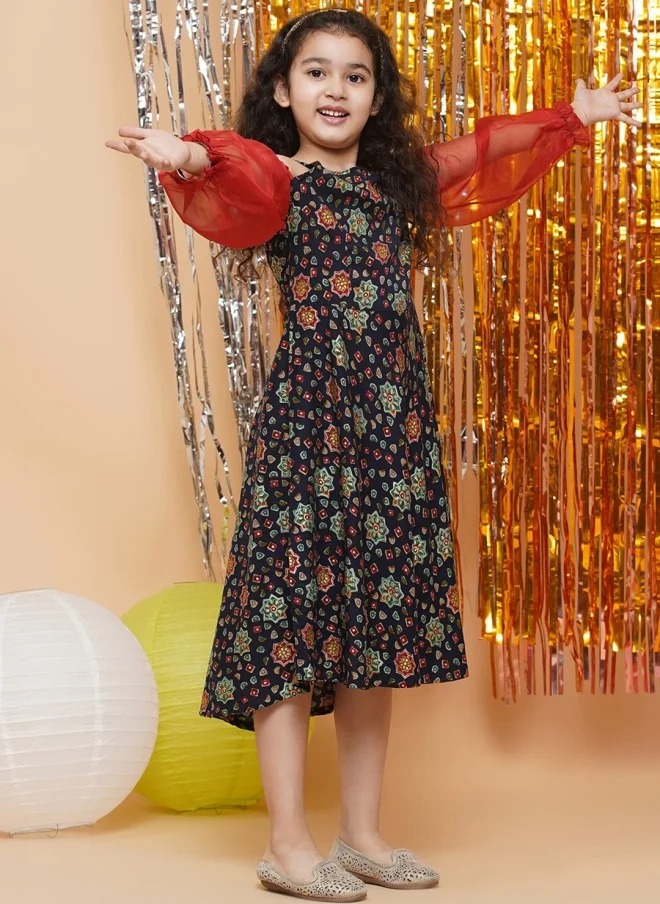 Aks  Navy Blue Floral Print Fit & Flare Dress for Girls for Women | Best Price UAE