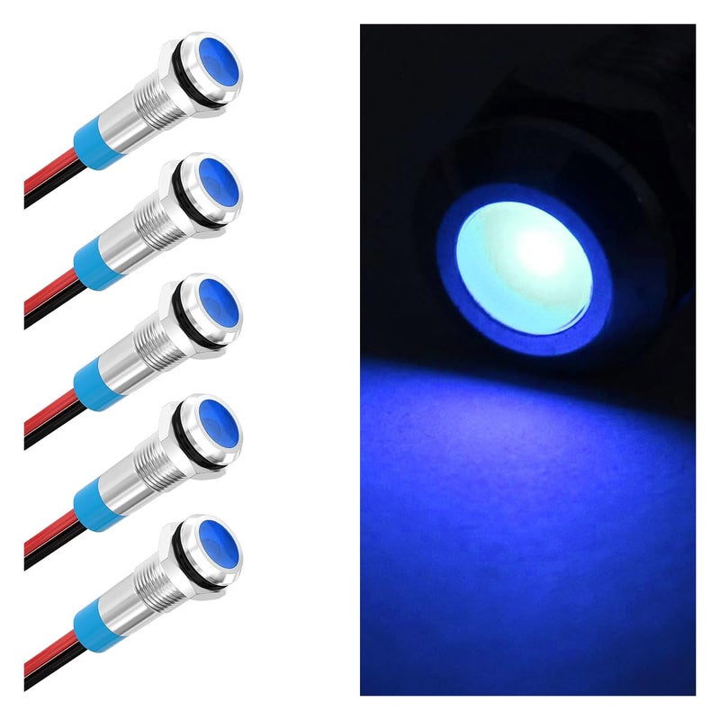 5PCS 6MM 14 LED Indicator Light ACDC 1224V Waterproof IP66 Metal Signal Lamp Metal Indicator with 145mm Wire Automotive LED Indicator Light for Cars Trucks Boats Blue