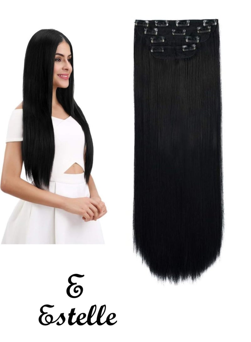 إستيل وصلات شعر بمشبك للنساء، قطع شعر من الألياف بمشبك سميك على وصلات شعر بلاستيكية مع مشابك غير مرئية للسيدات، 5 قطع باللون الأسود الطبيعي - Image 1